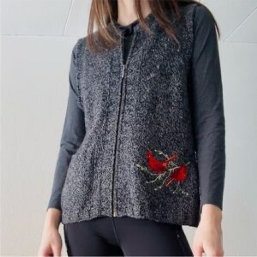 Woolrich Women's Gray Knit Zip-Up Embroidered Wool Blend Vest Size Large Petite
